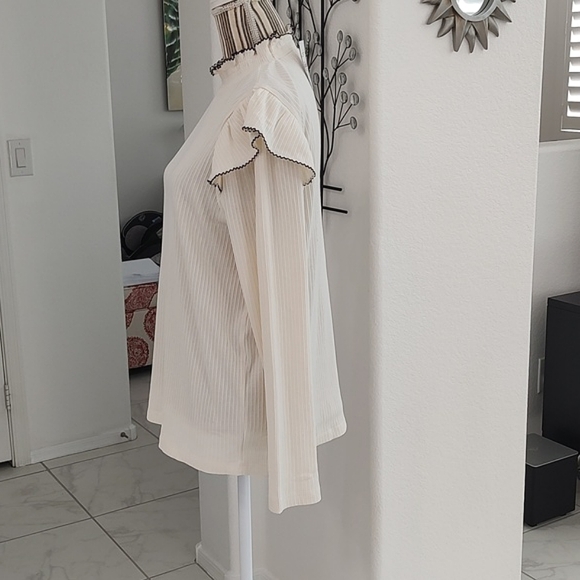 New LOFT Ribbed Cream w/ Black Ruffle Trim High Neck Long Sleeve Pull On Top XXL - Picture 6 of 9